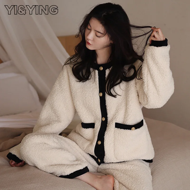 

[YI&YING] Winter Fashion Coral Fleece Pajamas Women's Plush and Thick Flannel Can Be Worn Externally As A Home Suit Set WAZC875