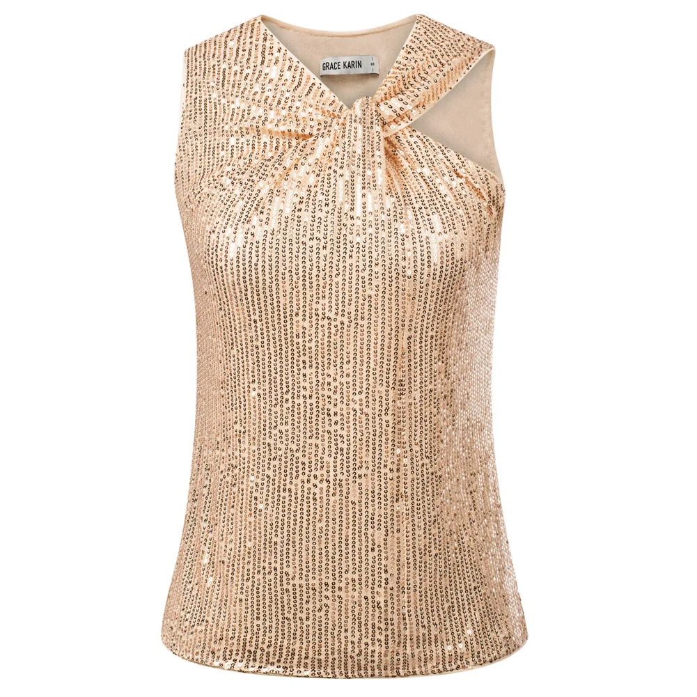 

GRACE KARIN 2023 Women's Asymmetrical TwistS Neck Sequin Top Slim Fit Cocktail Sparkle Tank Tops Knotted Neck Pullover