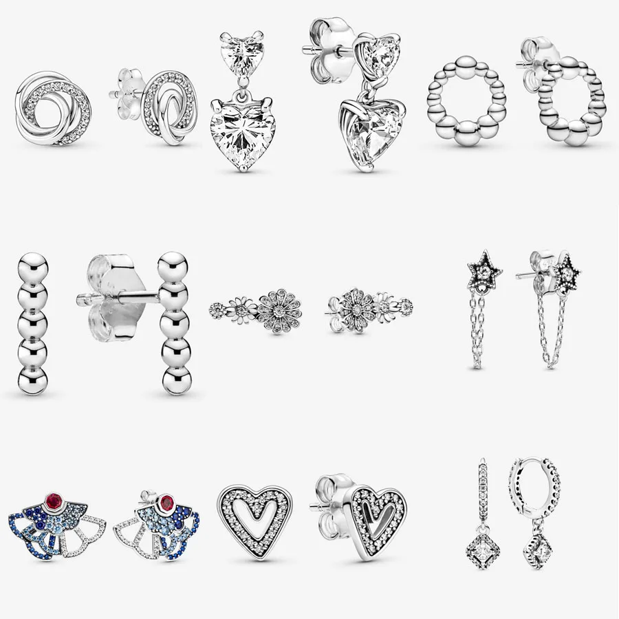 

925 Sterling Silver Double Heart Sparkling Stud Earrings For Women Fashion Family petite Always Encircled Earrings DIY Jewelry