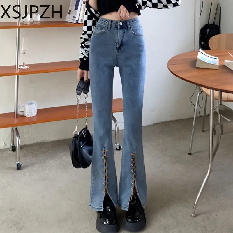 

Women's Pants High Waisted Slit Tether Design Wide Leg Slimming Flared Trouser Spring New Jeans 2023 Fashion Cowboy Girl Tide