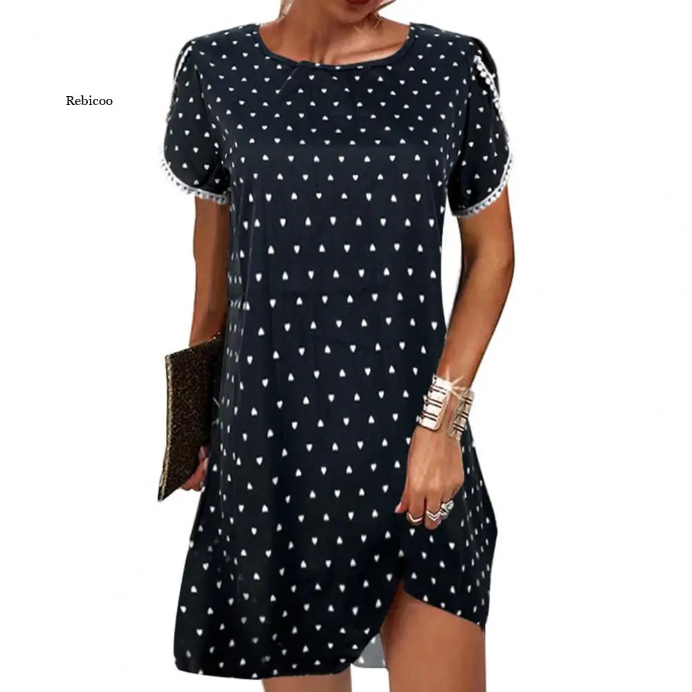 

Mini Dress for Women 2022 O-Neck Lace Trim Petal Short Sleeve Fresh Dot Print Tunic Summer Dress Female Clothing