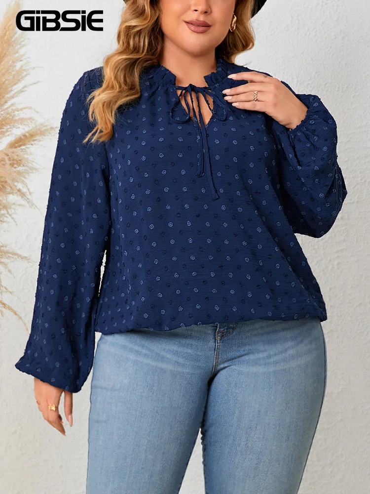 

GIBSIE Plus Size Swiss Dot Tie Neck Lantern Sleeve Tops for Women Spring Fall Casual Loose Elastic Hem Blouses Fashion 2023 New