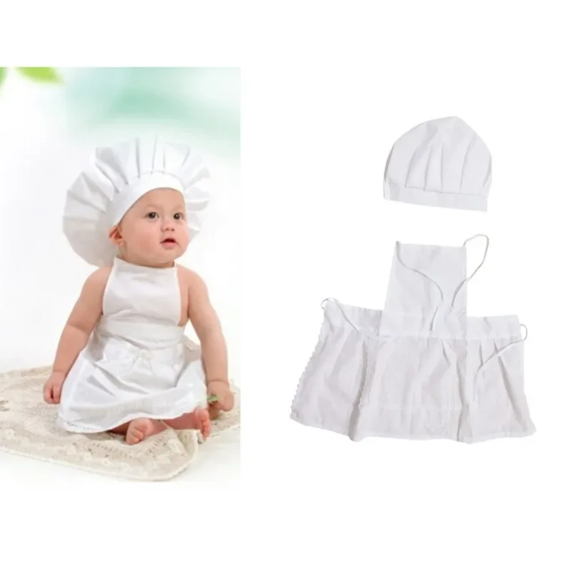 

2 Pcs Cute Baby Chef Apron and Hat Infant Kids White Cook Photos Costume Photography Prop Newborn Hat Apron