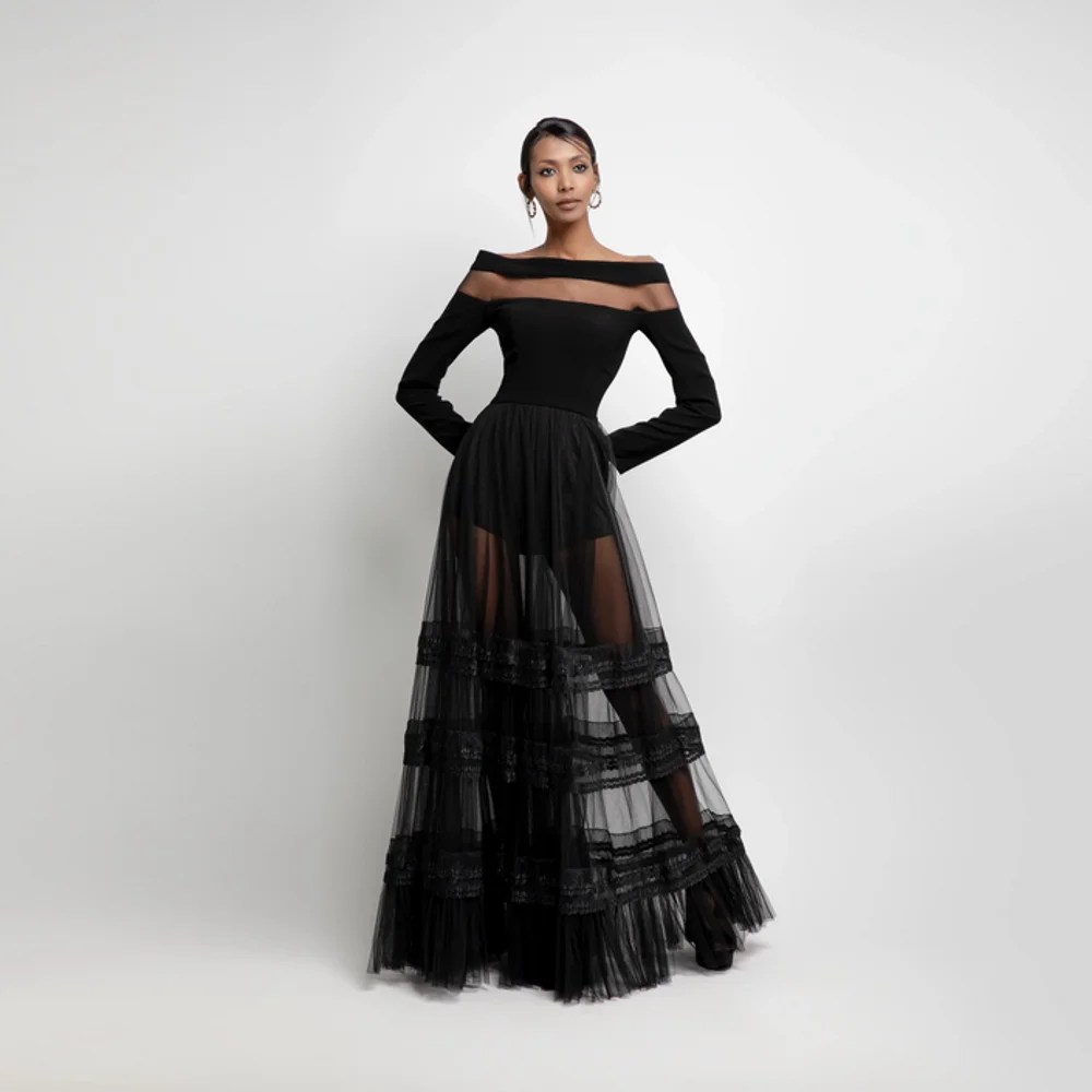 

Black Couture See Thru Long Tulle Maxi Dresses Full Sleeves Lace Strap A-line Tutu Tulle Robe Fahion Maxi Gowns