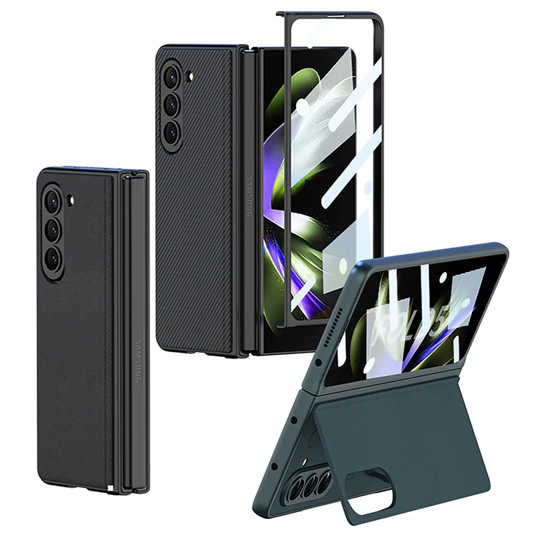 

For Samsung Galaxy Z Fold 5 Case GKK Magnetic Plain Leather Bracket Folding Kickstand Cover With Tempered Glass For Z Fold5