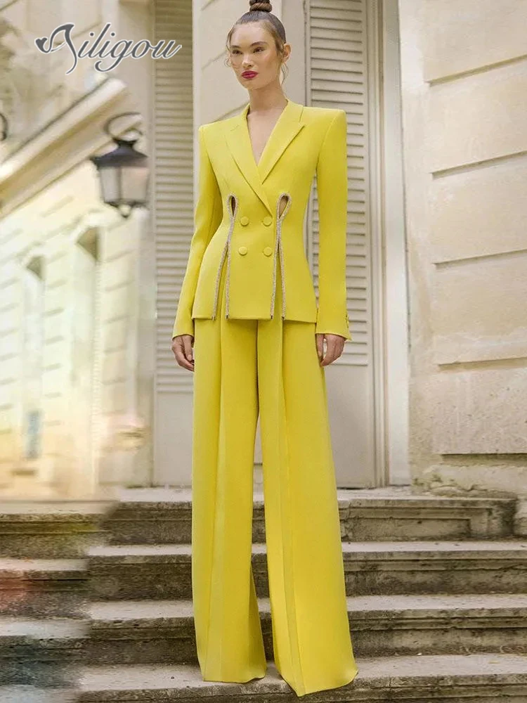 

Ailigou 2023 Women's Two Piece Pants HIGH STREET Est Designer Runway Set Diamond Bead Open Front Straight Sleeve Suit Set