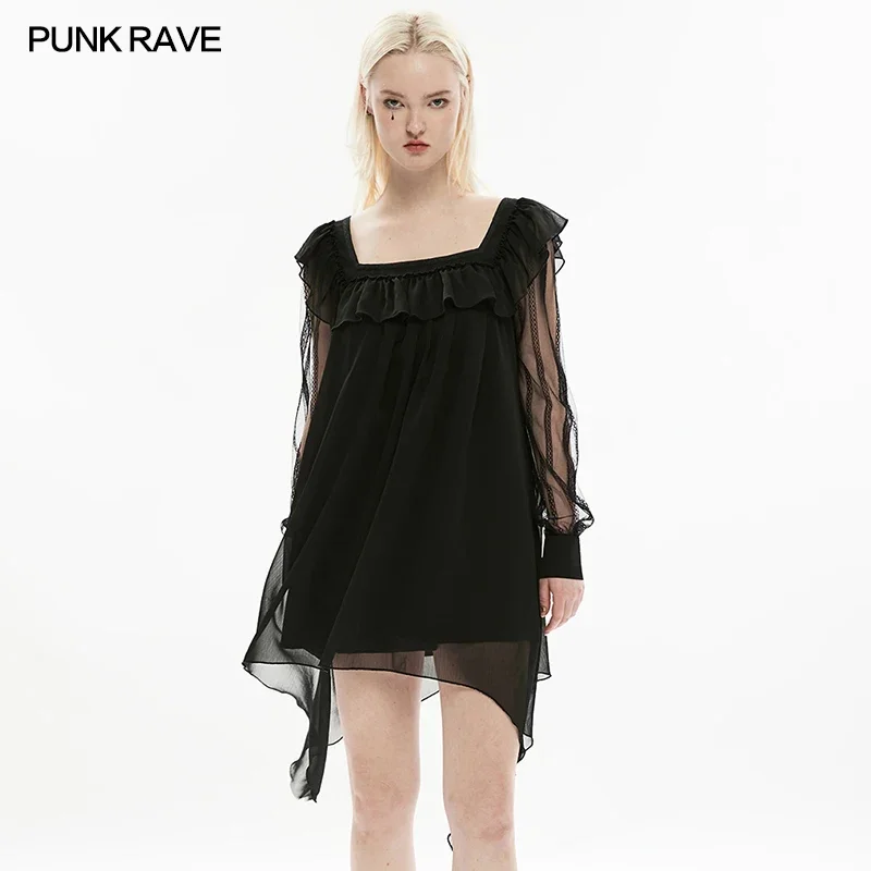 

PUNK RAVE Women's A Line Detachable Bow Brooch Loose Ruffle Dress Daily Asymmetrical Sweet Elegant Black Dresses