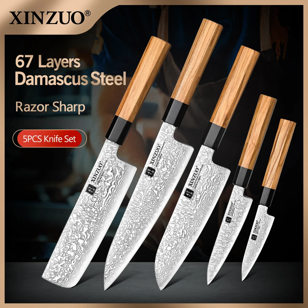XINZUO 5PCS Kitchen Knife Sets Wood Handle Damascus Steel Sharp Chef Santoku Cleaver Slicing Utility Fruit Knives Cooking
XINZUO 5PCS Kitchen Knife Sets Wood Handle Damascus Steel Sharp Chef Santoku Cleaver Slicing Utility Fruit Knives Cooking