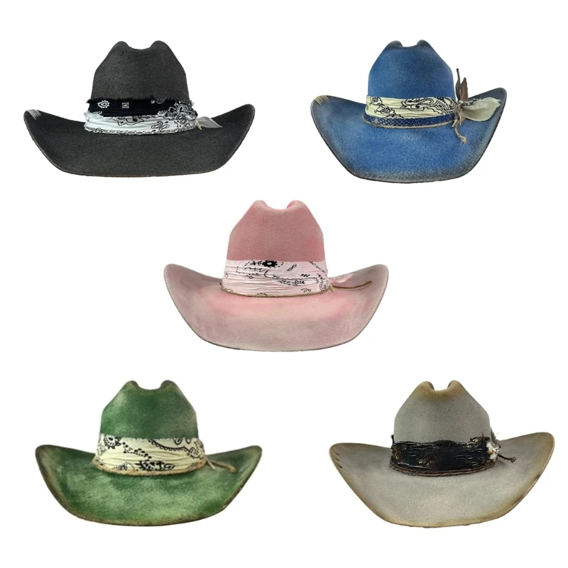 

Distressed Cowboy Cap for Adult Wide Brim Fedora Hat with Feather Role Play Ethnic Cowboy Hat Carnival Party Costume Hat