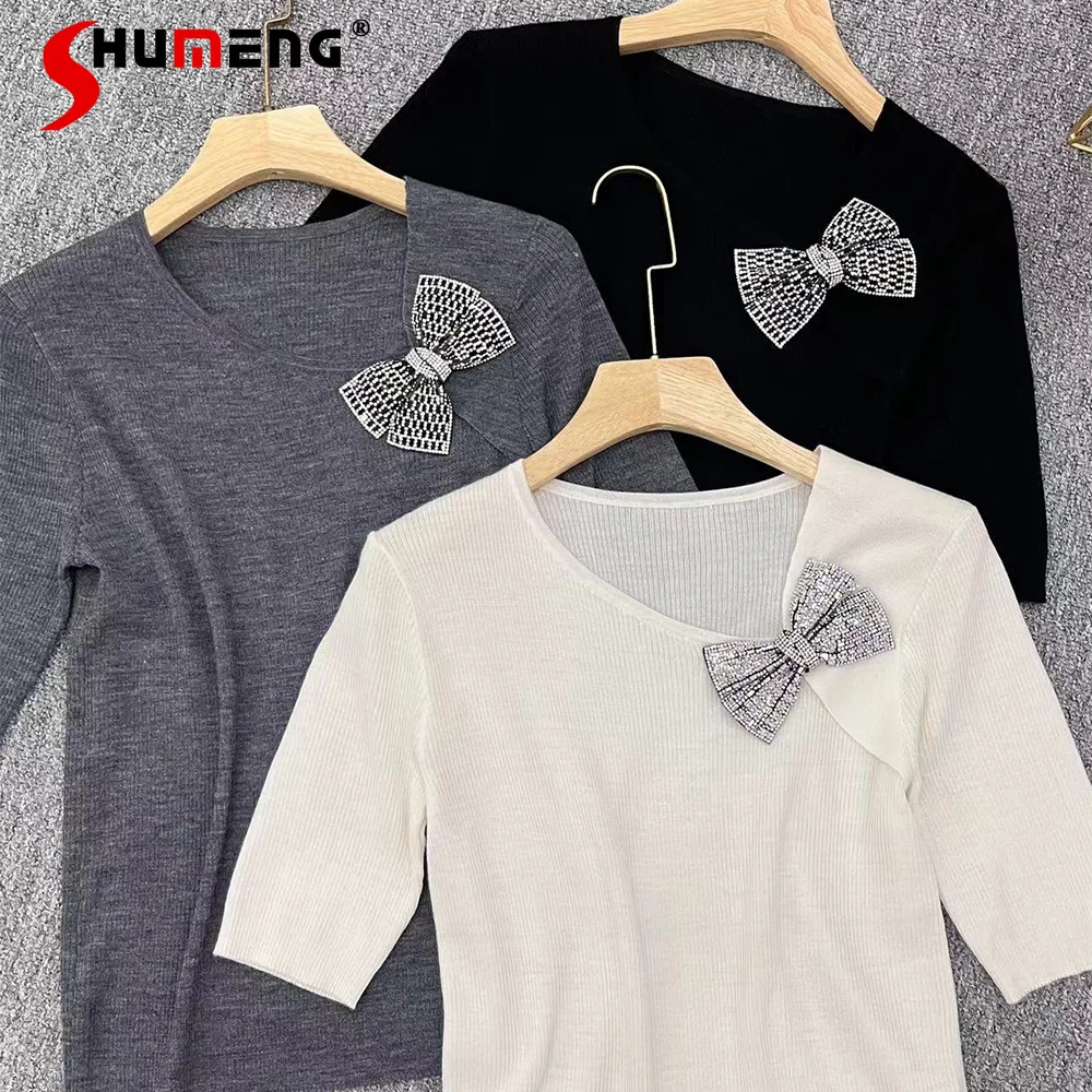 

2024 Summer Bow Tops Knitwear T-Shirt Short Sleeve Feminine Temperament T-shirts Solid Color Loose Comfort Women’s Nice Tops