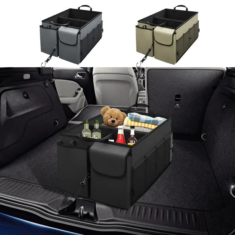 

Trunk Storage Bins with Side Pockets automobile Multi Compartment Securing Straps auto Trunk Box organizer for Minivans SUVs Car