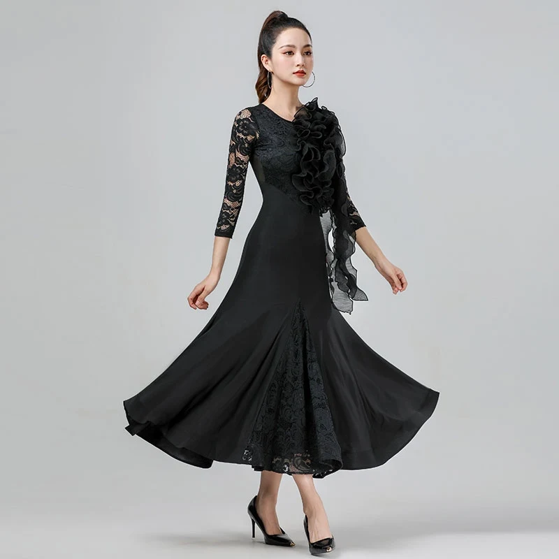 

2024 New Ballroom Dance Competition Dress For Women Lace Sleeved Performance Costumes Adult Waltz Modern Dance Dress DN18023