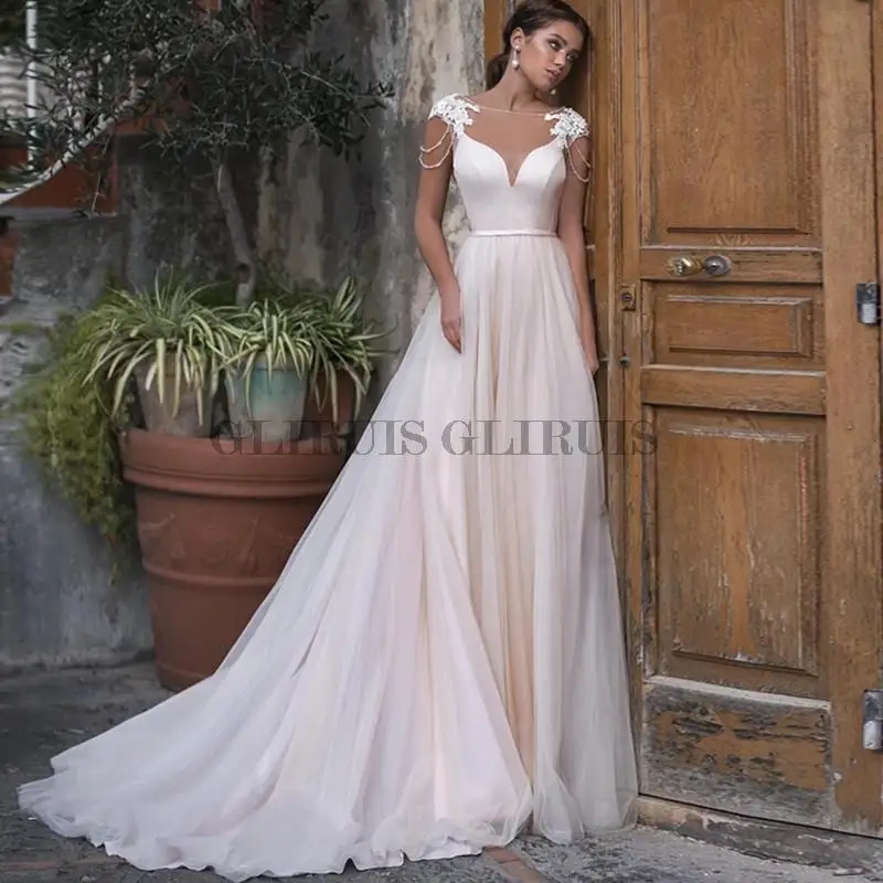 

Tulle Scoop Wedding Dress A-Line 2022 Short Sleeves Backless Illusion Wedding Gown Beads Lace Appliques Vestido de Novia
