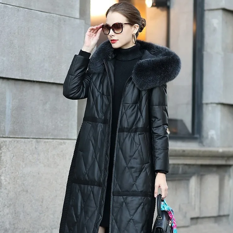 

Haining 2024 Winter New Genuine Sheepskin Mid length Women's Fox Hair Hooded Genuine Down Slim Fit Coat