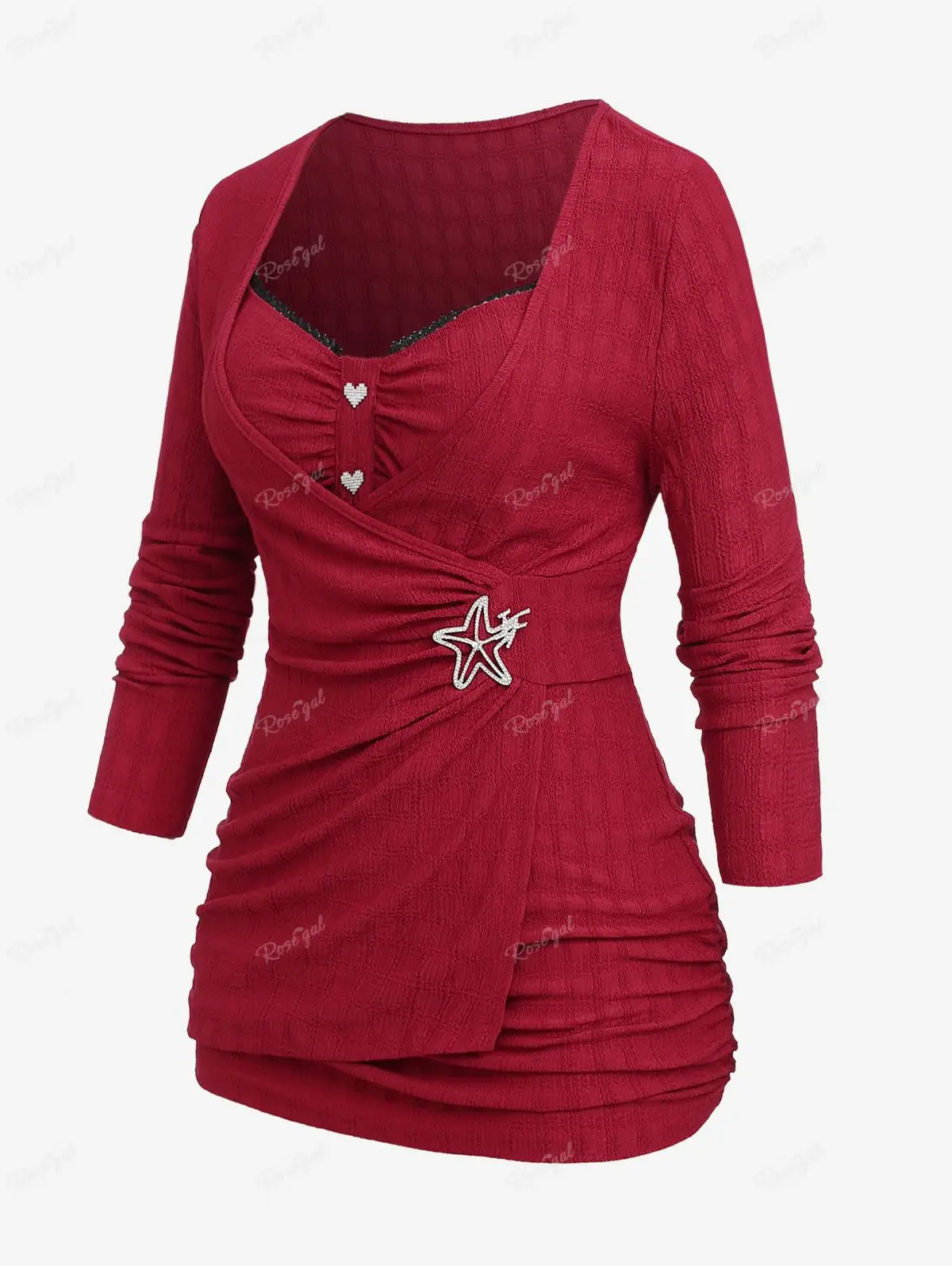 

ROSEGAL Deep Red Women's T-Shirt Plus Size Surplice Ruched Starfish Buckle Top Lace Trim Square Neck Full Sleeve Fall Winter Tee