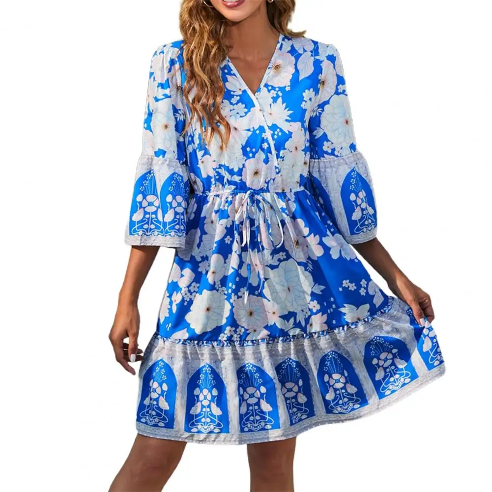 Bohemia Women Waist Lace-up V-neck 3/4 Flying Sleeve Mini Dress Women Flower Print Ruffle Stitching Hem Dress Female Clothes
Bohemia Women Waist Lace-up V-neck 3/4 Flying Sleeve Mini Dress Women Flower Print Ruffle Stitching Hem Dress Female Clothes