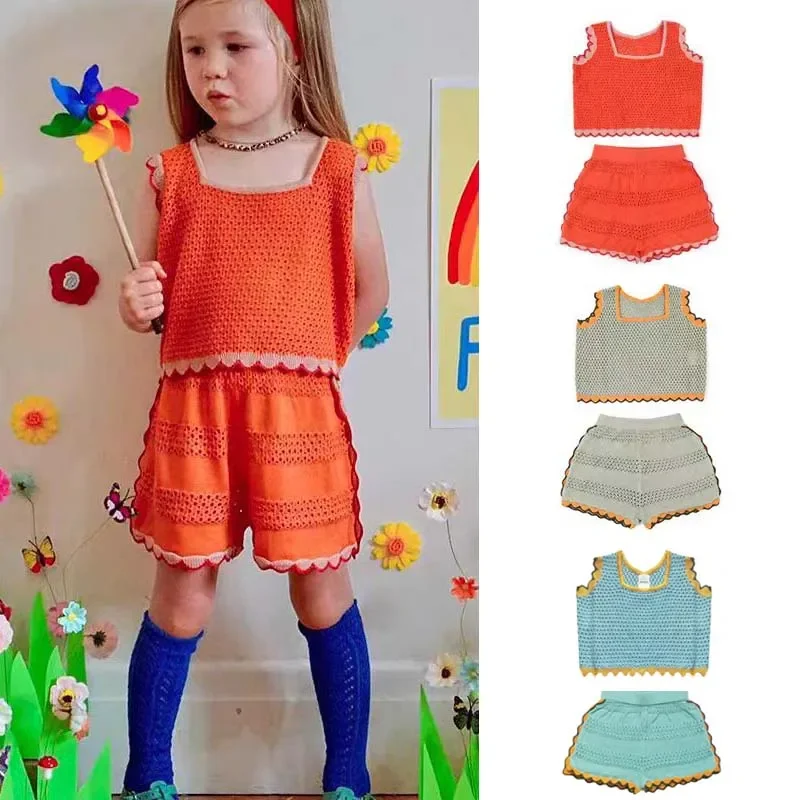 

Pre-sale (Ship in April) 2024 KP Summer Baby Girls Clothes Knitted Vest Hollowed Out Knitted Shorts Suit Kids Clothes Girls Vest