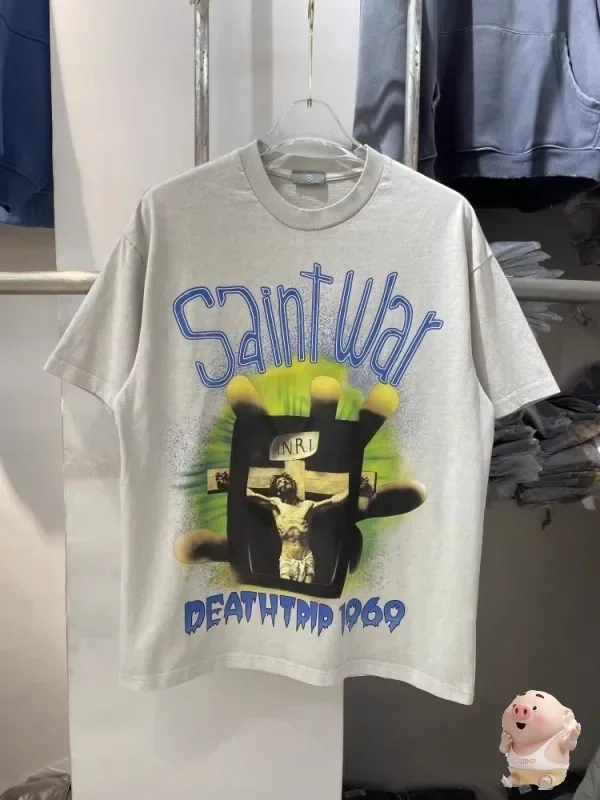

Hip Hop High Quality Cross Jesus Print Saint Michael T Shirt Men Women Tee Top Oversized T-Shirt