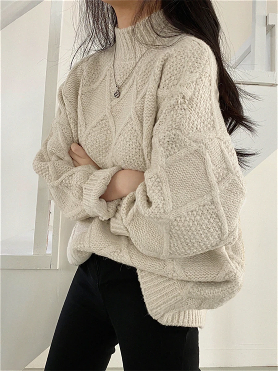 

Knitting Tops 2023 Spring Apricot Women Jumpers Mock Neck New Solid Loose Pullovers Office Lady Autumn Elegant Casual Sweaters