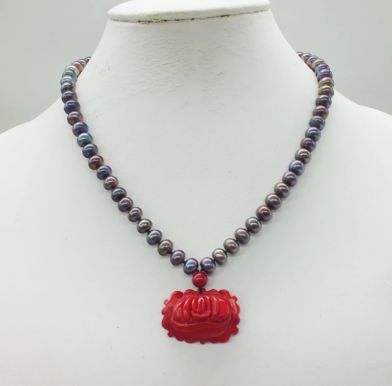 

№ 805 # 5A 7-8 мм натуральный черный пресноводный жемчуг и кулон из красного натурального коралла, очень классическое ожерелье 17 дюймов