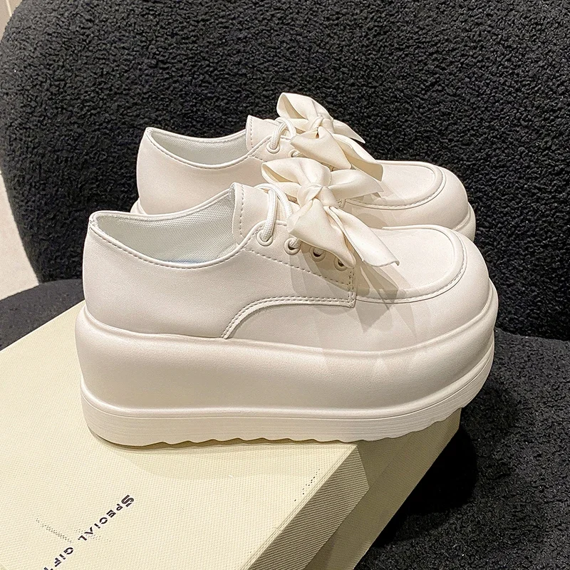 

Women Leather Chunky Sneakers New Spring High Platform Casual Shoes Lace-up Dad Sport Shoes Woman 7CM Wedge Vulcanized Dad Shoes