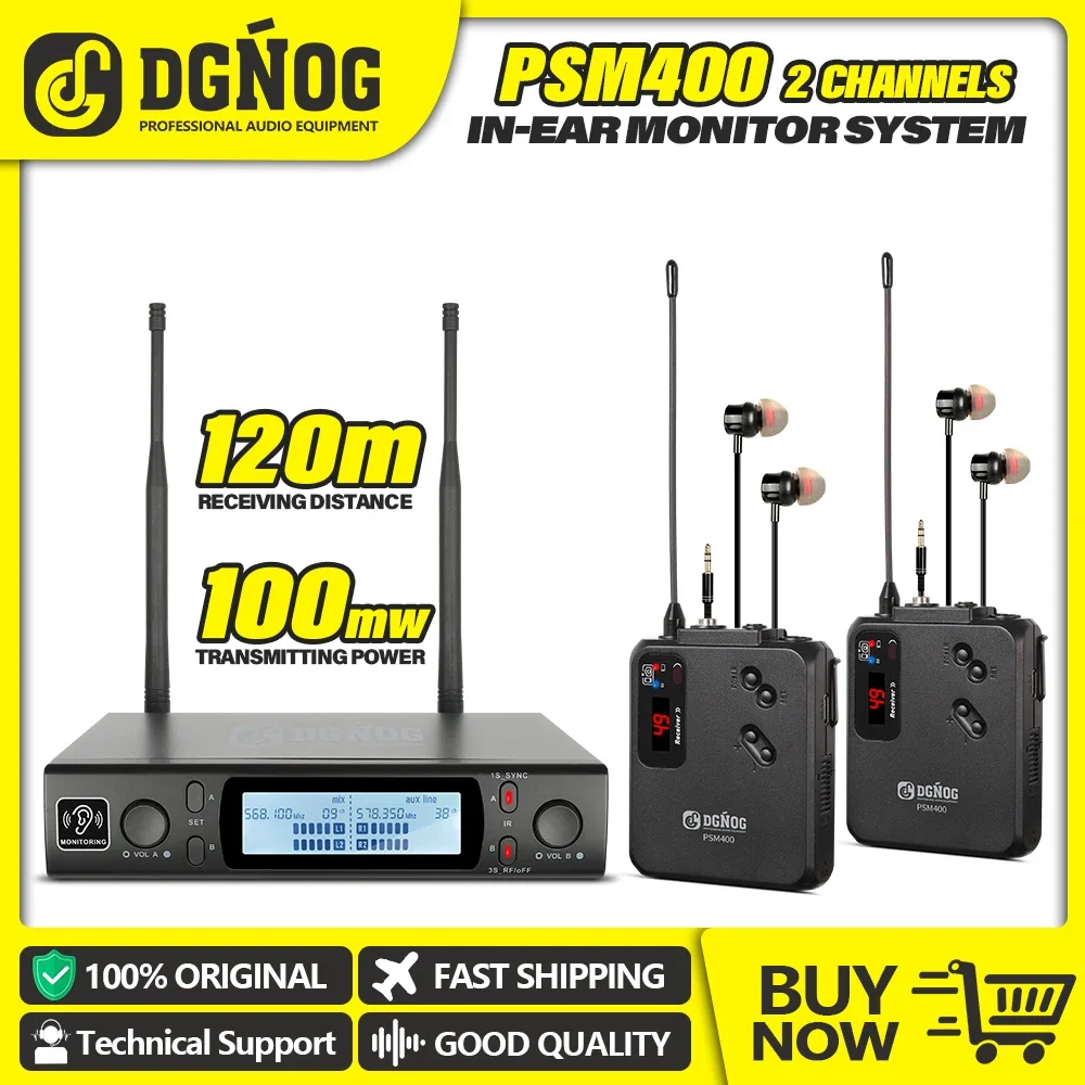 

DGNOG PSM400 UHF 2 Channel Wireless In-Ear Monitor System Professional Mono Monitoring for Stage Performance Singer Studio