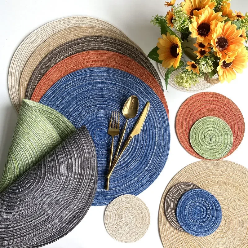 

6pcs Round Table Mat Woven Ramie Placemats Anti Slip Dining Table Mats Tableware Bowl Pad Kitchen Accessories Drink Cup Coasters