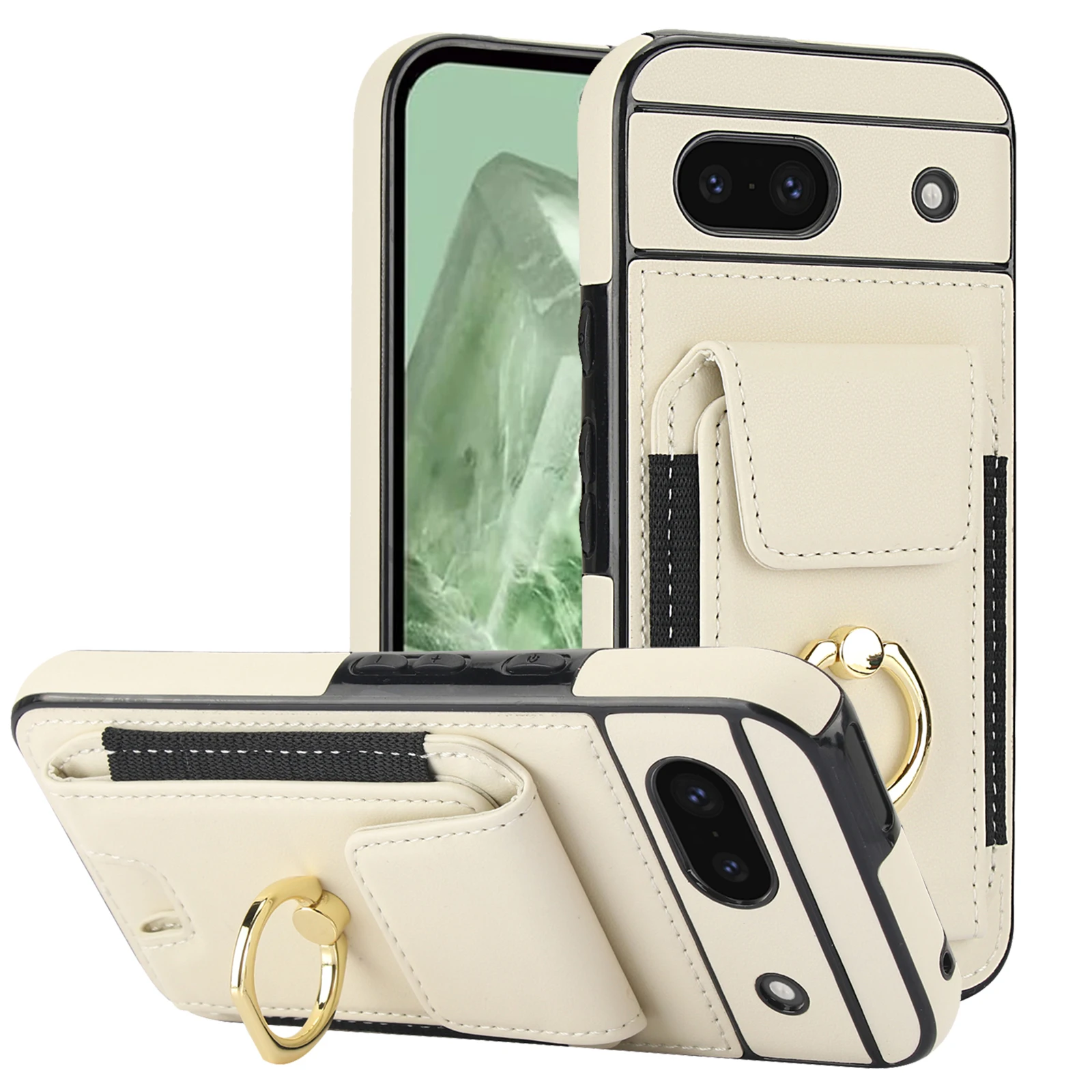 

Shockproof Leather Elastic Card Holder Wallet Case For Google Pixel 8A, 8 Pro, 6A, 360° Ring Kickstand Phone Cover, Card Storage