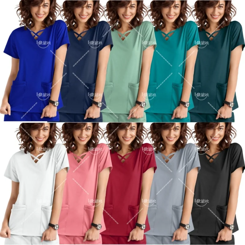 

Scrubs Top Women Medical Scrub Uniforms Solid Color Tops Joggers Pants Doctor Nurse Uniform Lab Spa Work T-shirt