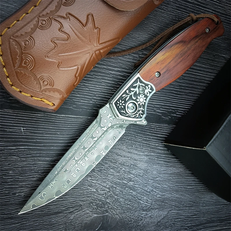 

Tactical Damascus Folding Knife Rosewood Handle Edc Outdoor Survival Combat Self Defense Knives Camping Fishing Hunting Tool