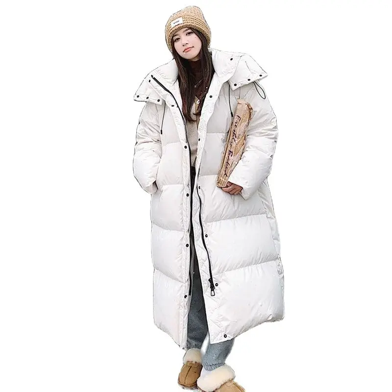 

Off-season 90 White Eiderdown Down Jacket Female 2023 New Ultra-long Over-the-knee Fashion Hooded Loose Korean Winter Coat Women