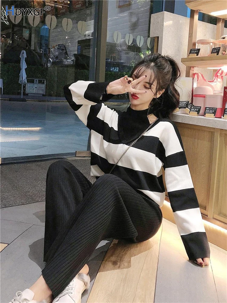 Autumn Contrast Color Striped Knitting Pullover Sweaters Ladies+stylish High Waist Slimming Wide Leg Pants Two Pieces Sets 2023
Autumn Contrast Color Striped Knitting Pullover Sweaters Ladies+stylish High Waist Slimming Wide Leg Pants Two Pieces Sets 2023