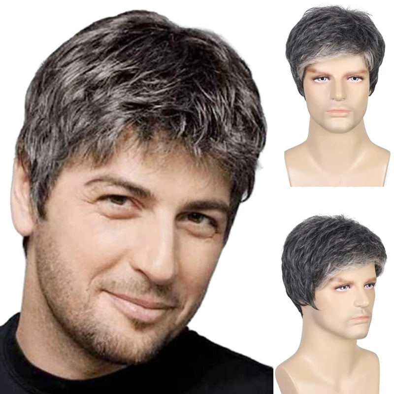 

Manly Short Fluffy Straight Full Bang None Lace Machine Made Real Human Wig for Men Nature Black Synthetic Layered Natural Hair