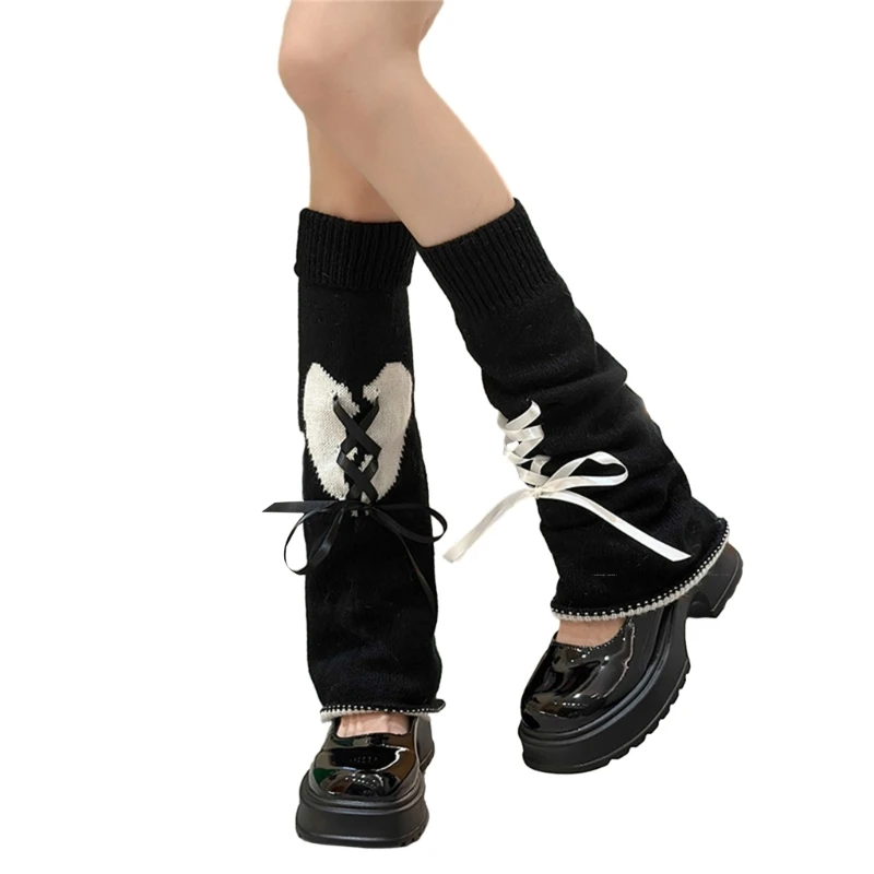 

Lolitas Leg Warmers Y2K Heart Lace Up Knitted Flared Leg Sleeves Goth Baggy Cuffs Ankle Heap Socks JK Uniform Foot Cover