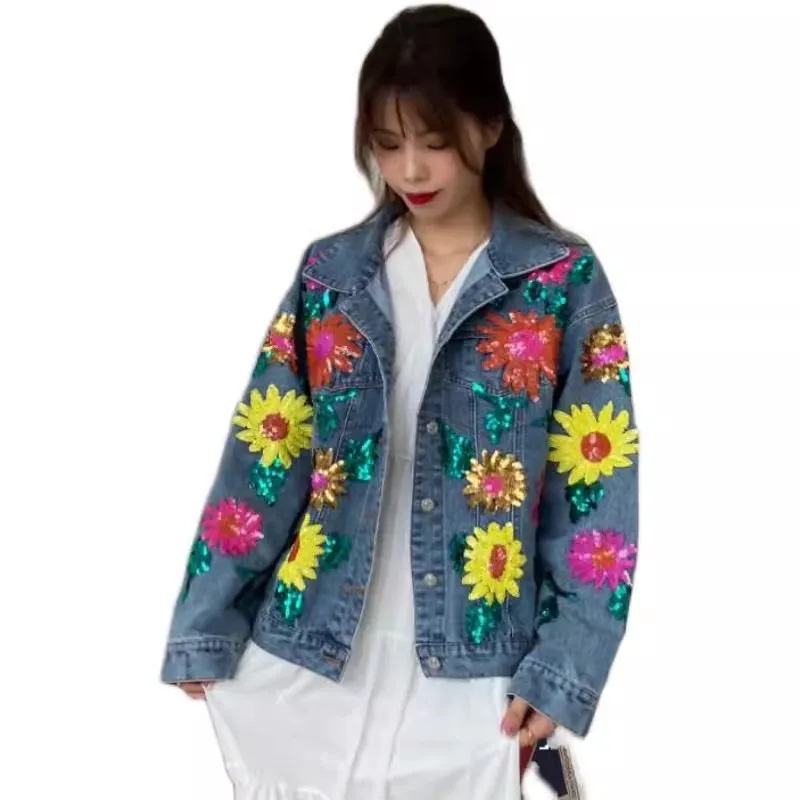

New Spring Vintage Sequin Flower Denim Jacket Women Fashion Pockets Jeans Coat Female Student Tops Loose Cowboy Outwear Tide B25
