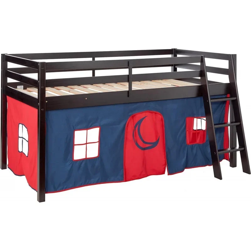 

Alaterre Furniture Alaterre Roxy Pine Twin Junior Loft Bed, Espresso with Blue & Red Tent