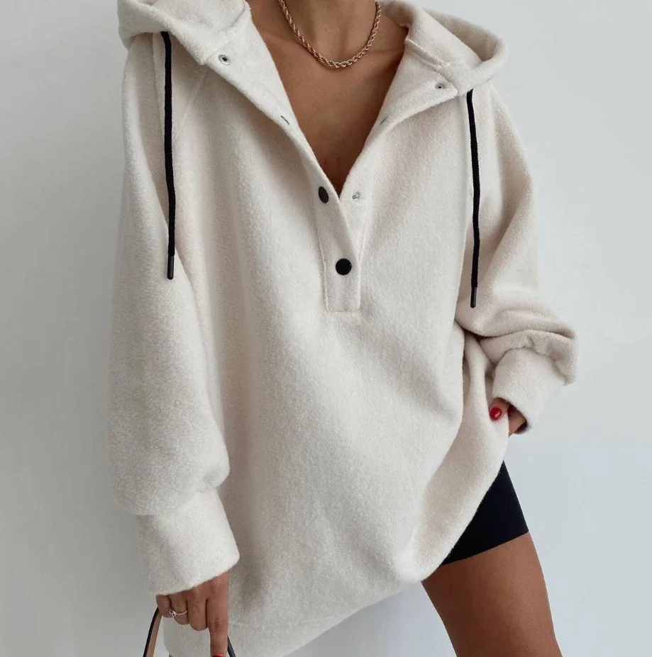 

Woman Hooded Shirt 2023 Autumn Fashion Polar Fleece Loose Daily Casual Button Long Sleeve Drawstring Hooded Pullovers Sweatshirt