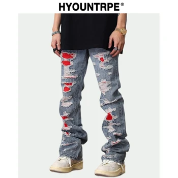 Men Distressed Ripped Destroied Denim Jean Pants New Fashion Patchwork Biker Jeans Streetwear Flare Pants Jogger Y2k Men’s Jeans