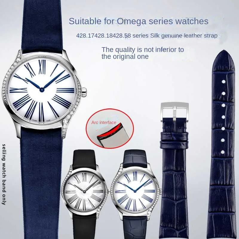 

For Omega De Ville 428.17/428.18 Silk Watch strap 18mm Arc Interface Wristband Thin Style Women's bracelet Leather watchband