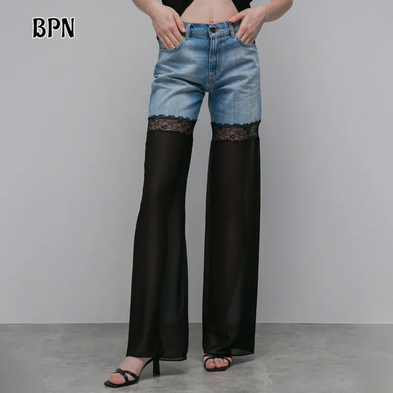 BPN Sexy Patchwork Denim Jeans For Women High Waist Spliced Sheer Mesh Hit Color Streetwear Loose Wide Leg Pants Female Fashion
BPN Sexy Patchwork Denim Jeans For Women High Waist Spliced Sheer Mesh Hit Color Streetwear Loose Wide Leg Pants Female Fashion