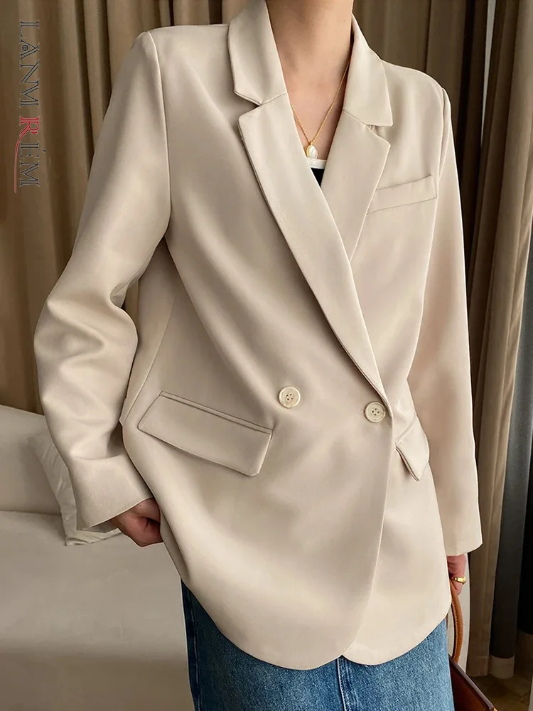 

[LANMREM] Office Lady Loose Blazers For Women Double Breasted Long Sleeve Jackets Simplicity Coats 2024 Spring New 26D7864
