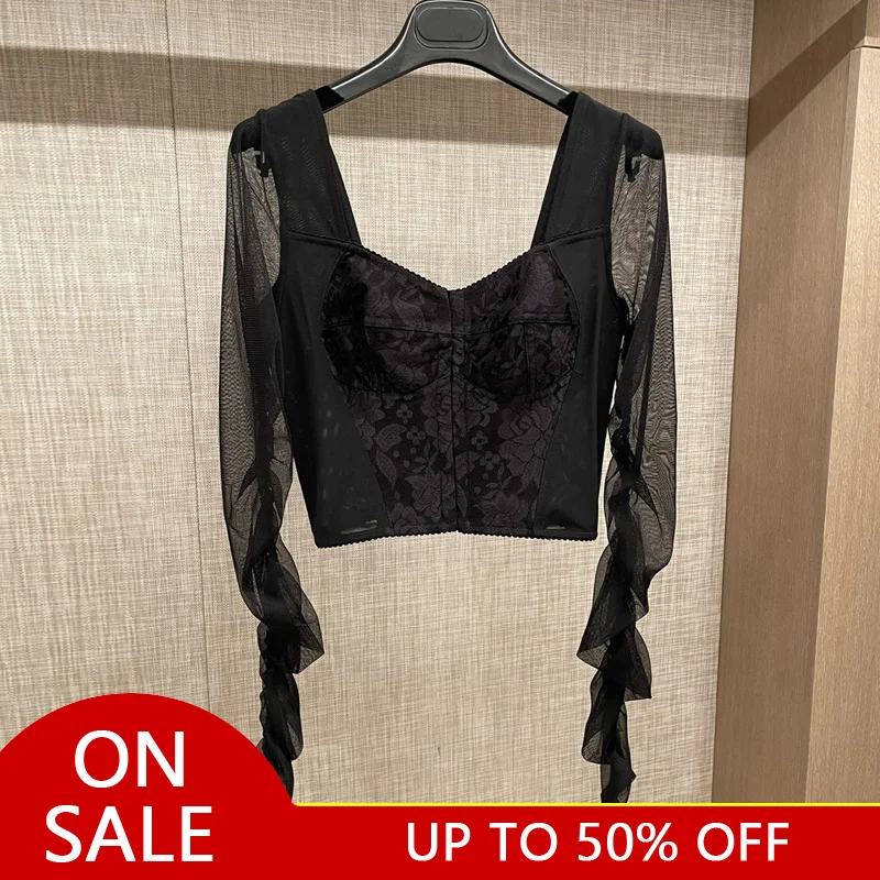 High Quality Women's Top Fashion Runway Sheer Mesh Sleeves Short Top Black Spring Summer
High Quality Women's Top Fashion Runway Sheer Mesh Sleeves Short Top Black Spring Summer