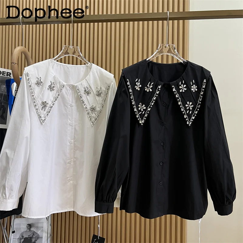 

Crew Neck Pure Color Cotton Blouse Women 2023 Spring Autumn Heavy Industry Beads Rhinestone Simple Loose Long Sleeve Shirt Top