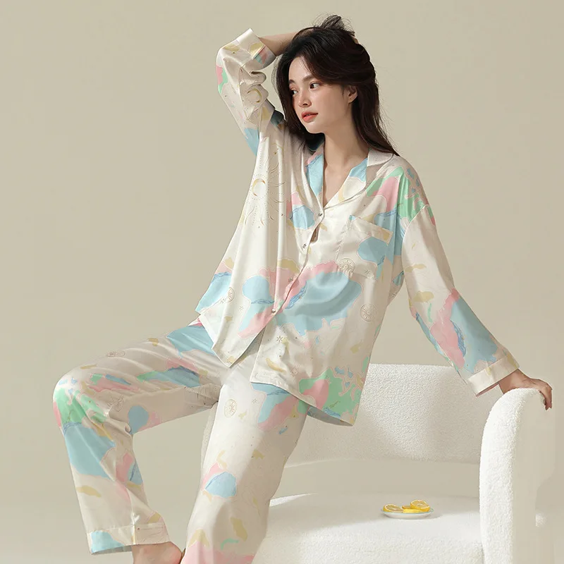 

TXii Newlook Ice silk pajamas women's thin and cool imitation silk pajama set for casual and comfortable home wear
