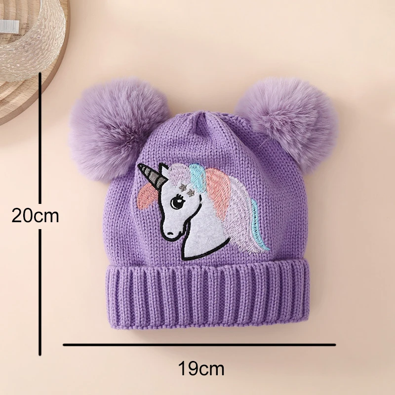 

Kid Girls Knit Beanie Hats Cap Soft Lightweight Unicorn Embroidery Winter Cap Toddler Beanie with Plush Balls