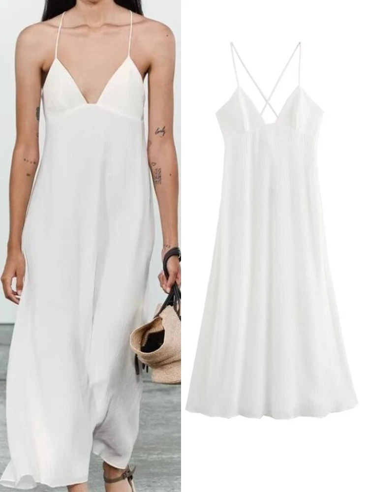 Женское длинное платье на бретельках, однотонное свободное элегантное уличное платье без бретелек, лето 2024 
Женское длинное платье на бретельках, однотонное свободное элегантное уличное платье без бретелек, лето 2024