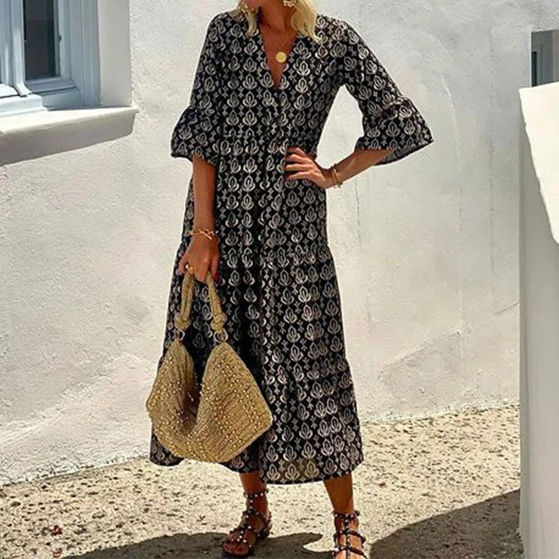 Fashion Casual Pattern Print Long Dress Summer V Neck Flared Sleeve Temperament Commute Dress New Female High Street Loose Dress
Fashion Casual Pattern Print Long Dress Summer V Neck Flared Sleeve Temperament Commute Dress New Female High Street Loose Dress