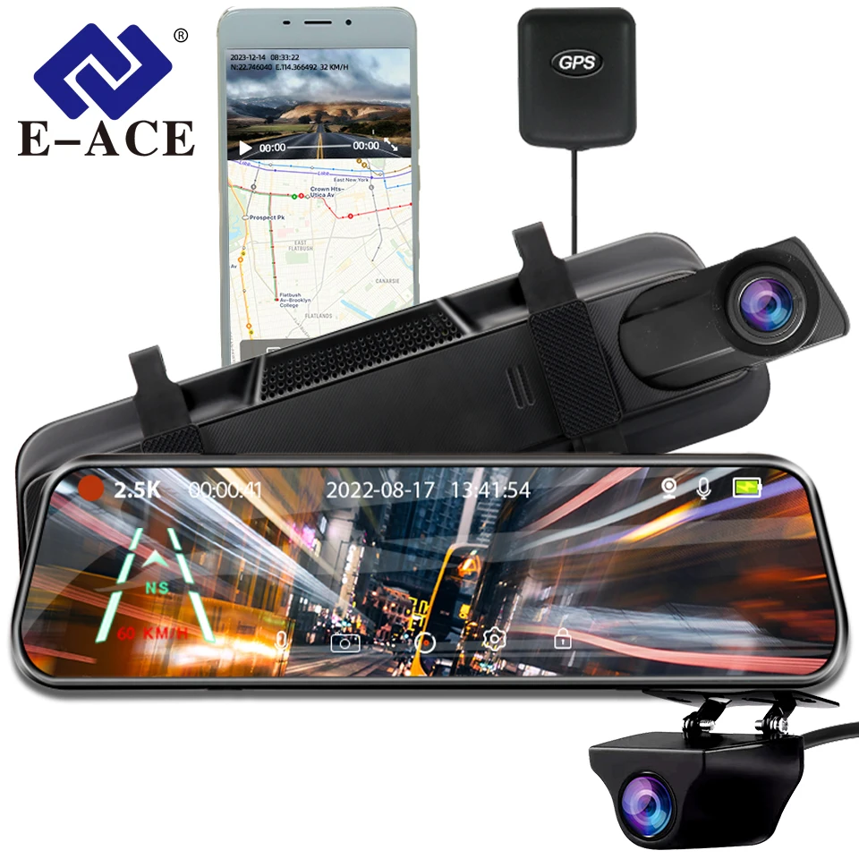 

E-ACE 2,5 K Автомобильный видеорегистратор WIFI GPS поток медиа зеркало Sony 1440P автомобильная видеокамера ночное видение видео двойной объектив 24H парковочная черная коробка