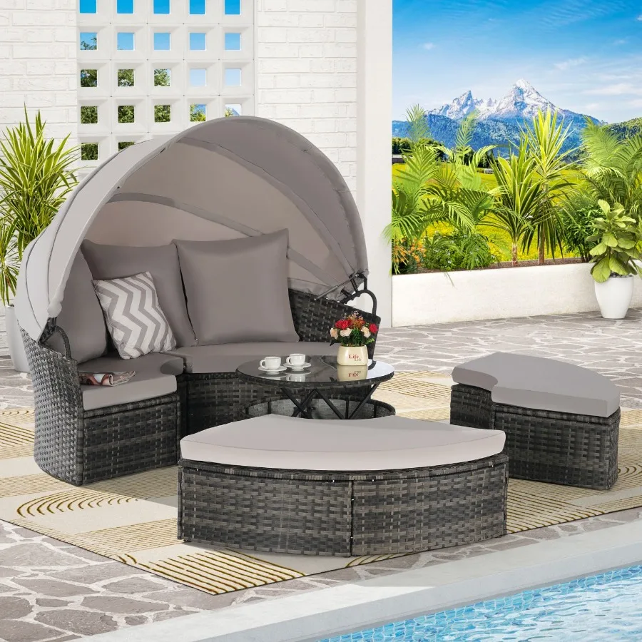 5 Pieces Outdoor Patio Round Daybed Furniture Wicker Conversation Set with Retractable Canopy Soft Cushions and Storable Table 5 Pieces Outdoor Patio Round Daybed Furniture Wicker Conversation Set with Retractable Canopy Soft Cushions and Storable Table