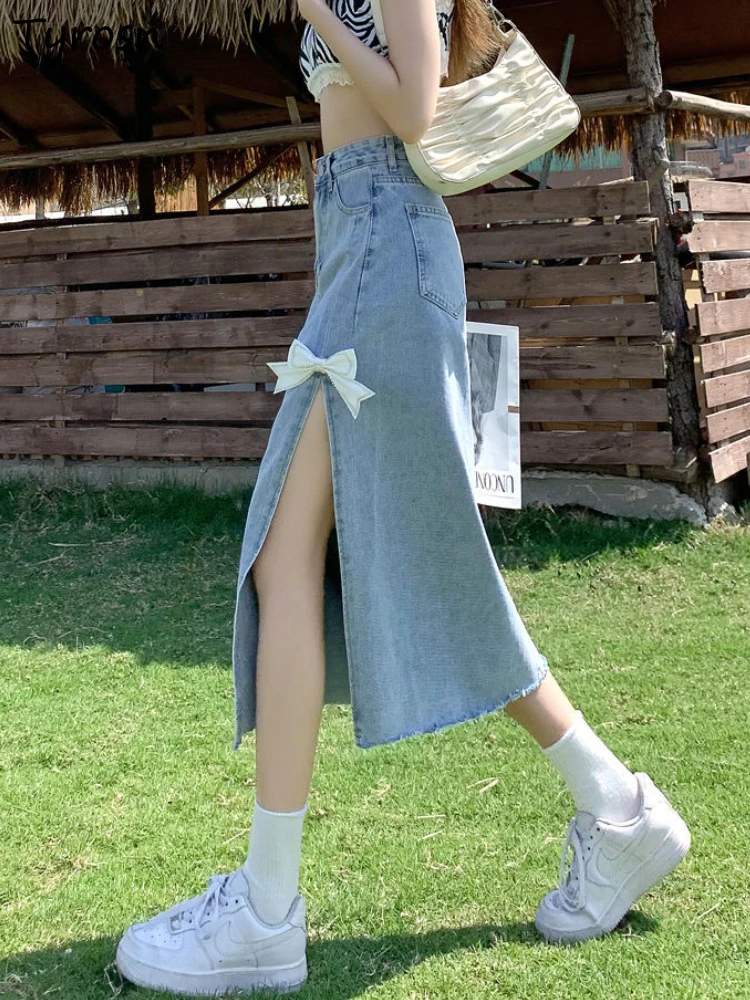 

Skirts Women Design Denim Fashion Stylish Bow Tender Elegant Empire Cozy Side Slit Holiday Korean Style Sweet Charming Leisure